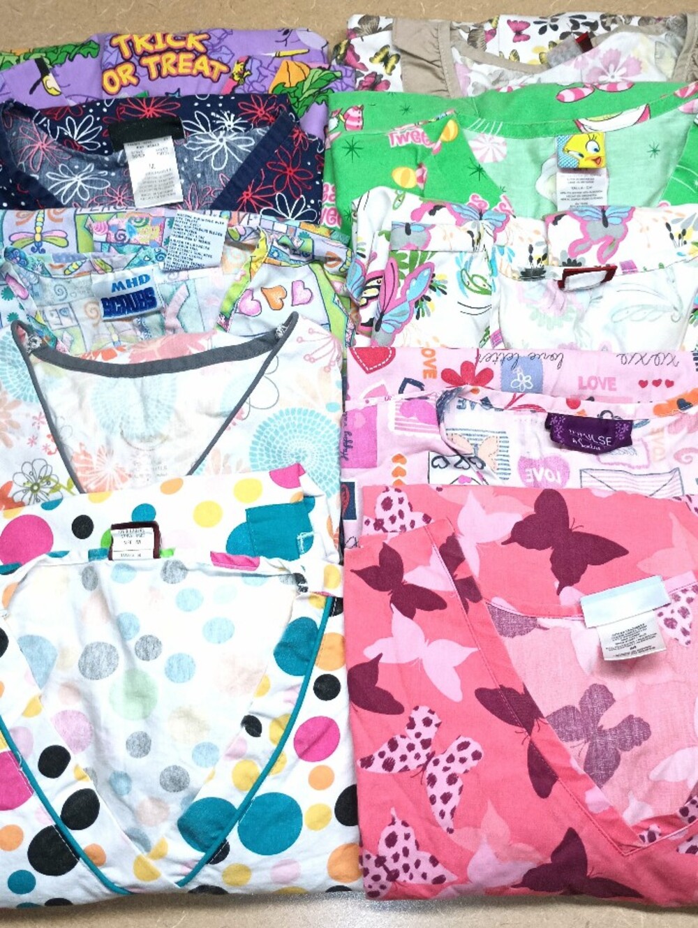 10 Assorted medium Printed Scrub Tops - Polka Dot, Butterfly & Cartoon Prints